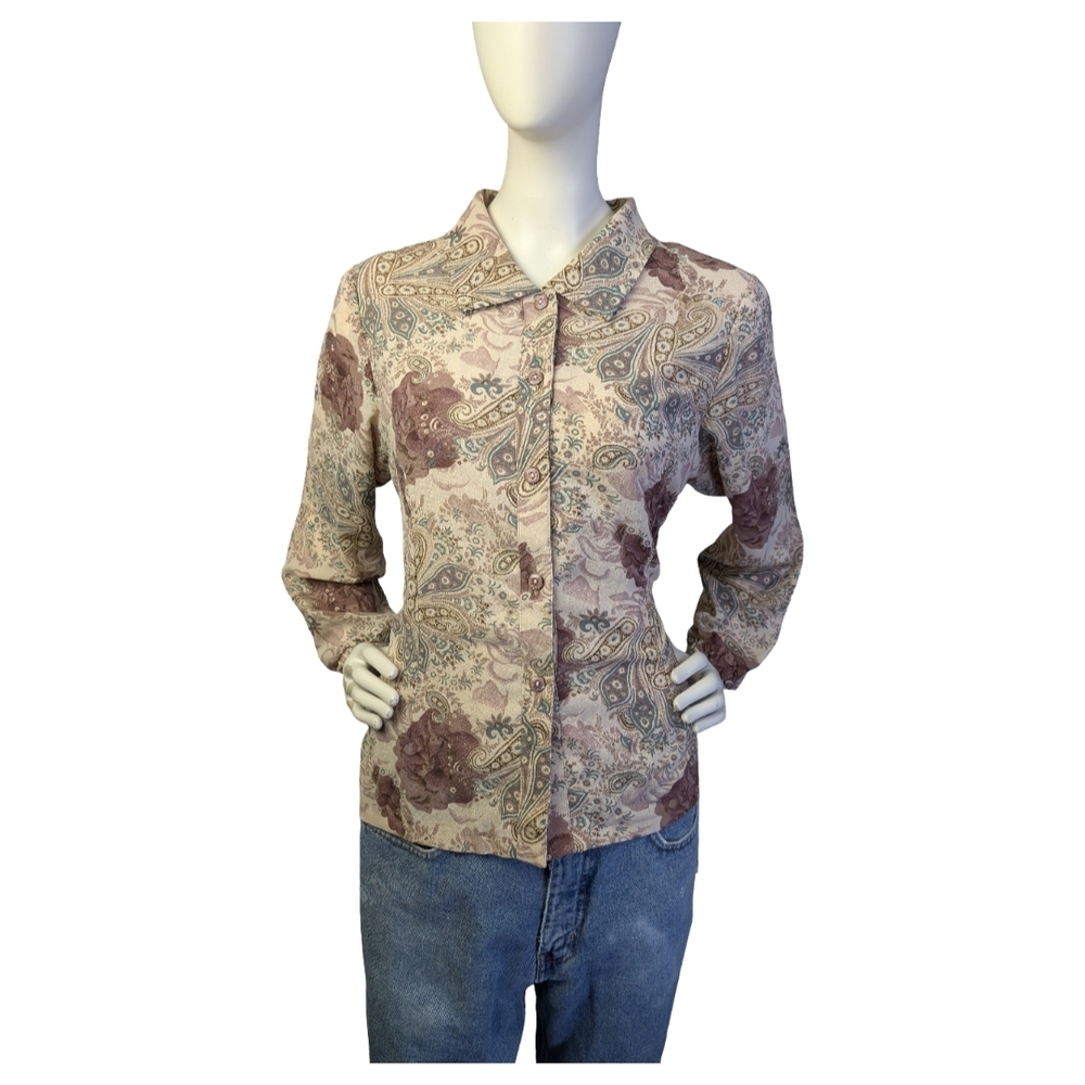 Vintage Mei Le Paisley Blouse | Cream Dusty Rose Seafoam | Rhinestones | Size M